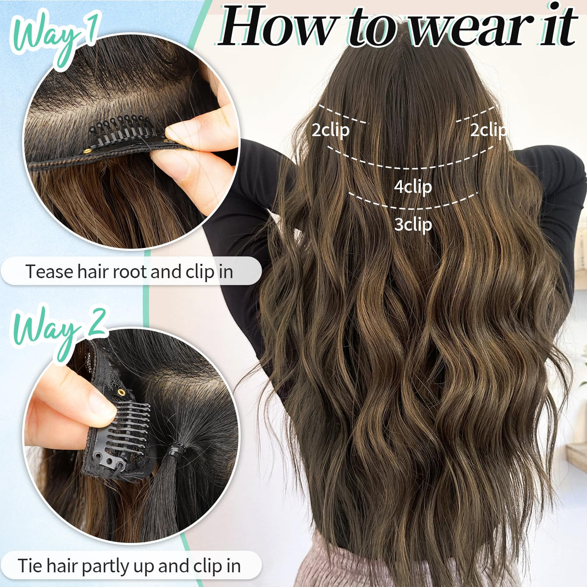 KooKaStyle Hair Extensions 16" Balayage close-up of clips