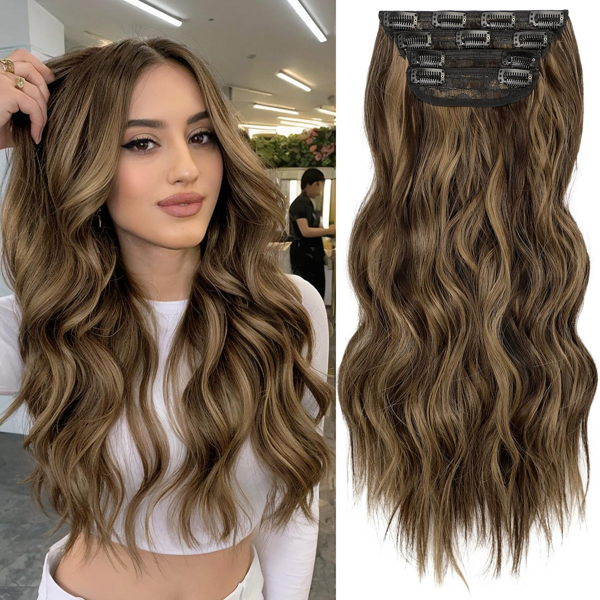 KooKaStyle Hair Extensions 16" Balayage in Chocolate Brown to Caramel Blonde front view