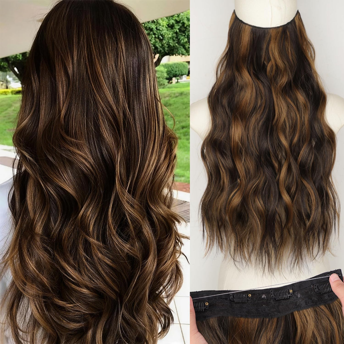 KooKaStyle Invisible Wire Hair Extensions front view, 20 inch, dark brown to chestnut