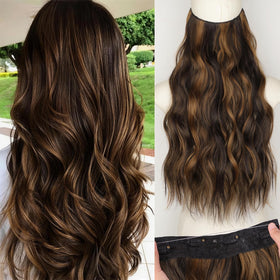 KooKaStyle Invisible Wire Hair Extensions front view, 20 inch, dark brown to chestnut