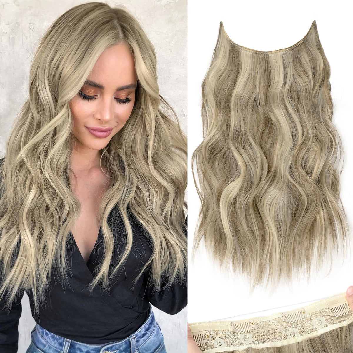 KooKaStyle Invisible Wire Hair Extensions in Ash Brown and Platinum Blonde front view