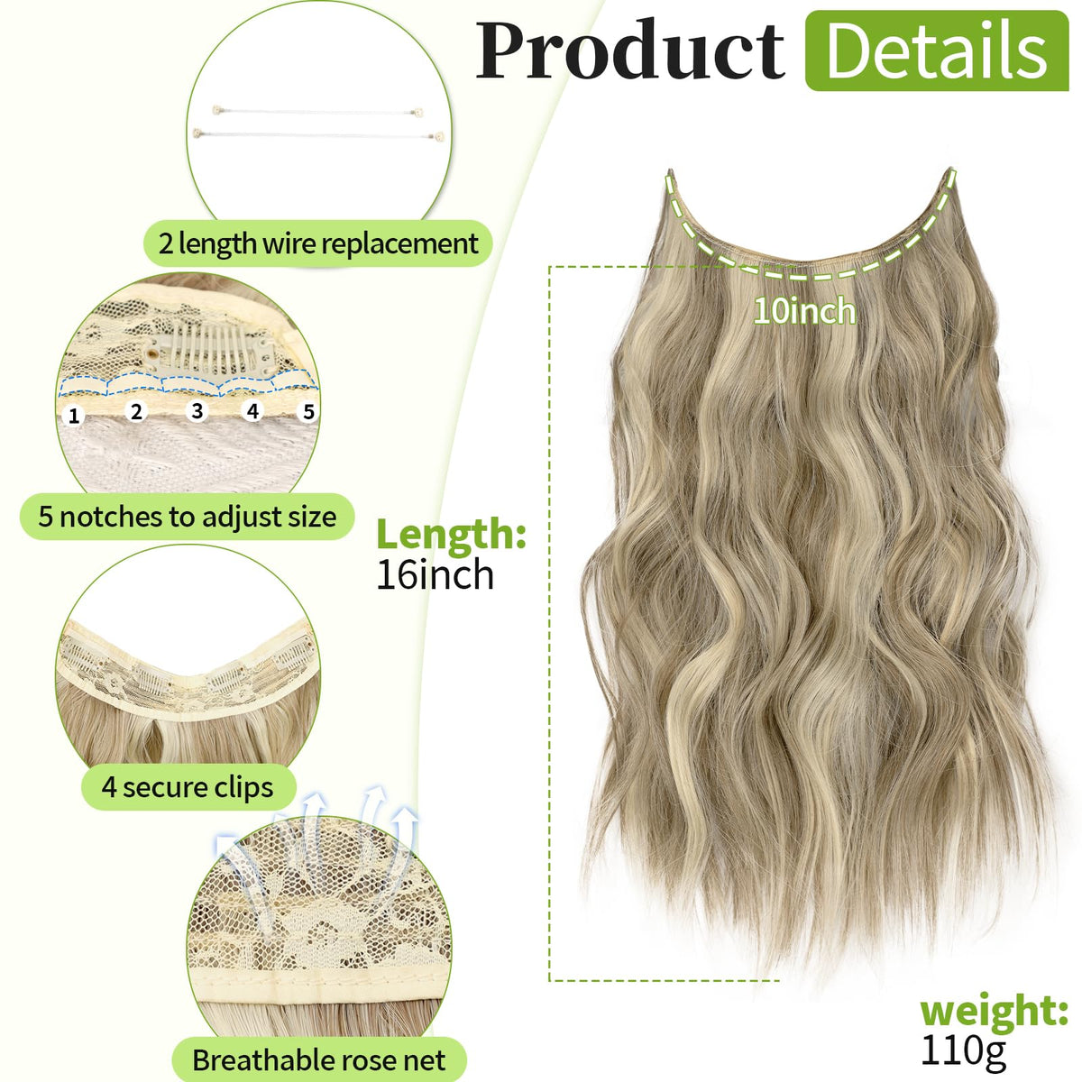 KooKaStyle Invisible Wire Hair Extensions showing secure clips and fishing wire