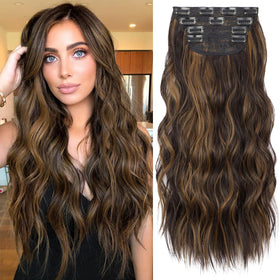 KooKaStyle Wavy Clip in Hair Extensions 16-inch balayage dark brown to chestnut front view