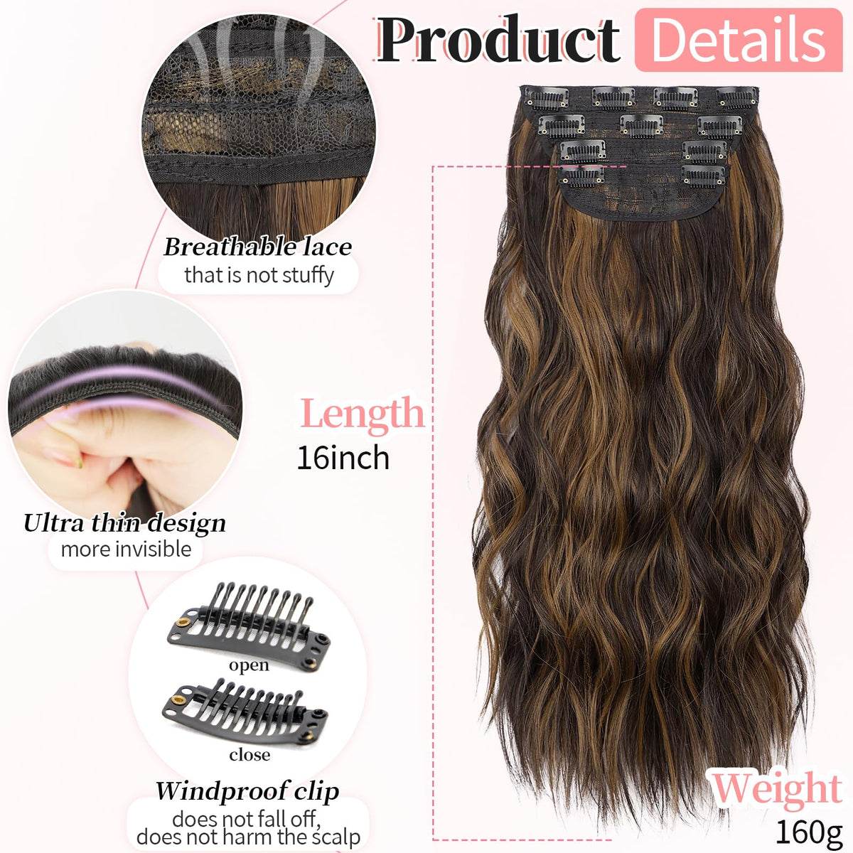 KooKaStyle Wavy Clip in Hair Extensions 16-inch balayage dark brown to chestnut back view