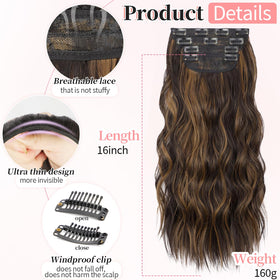 KooKaStyle Wavy Clip in Hair Extensions 16-inch balayage dark brown to chestnut back view
