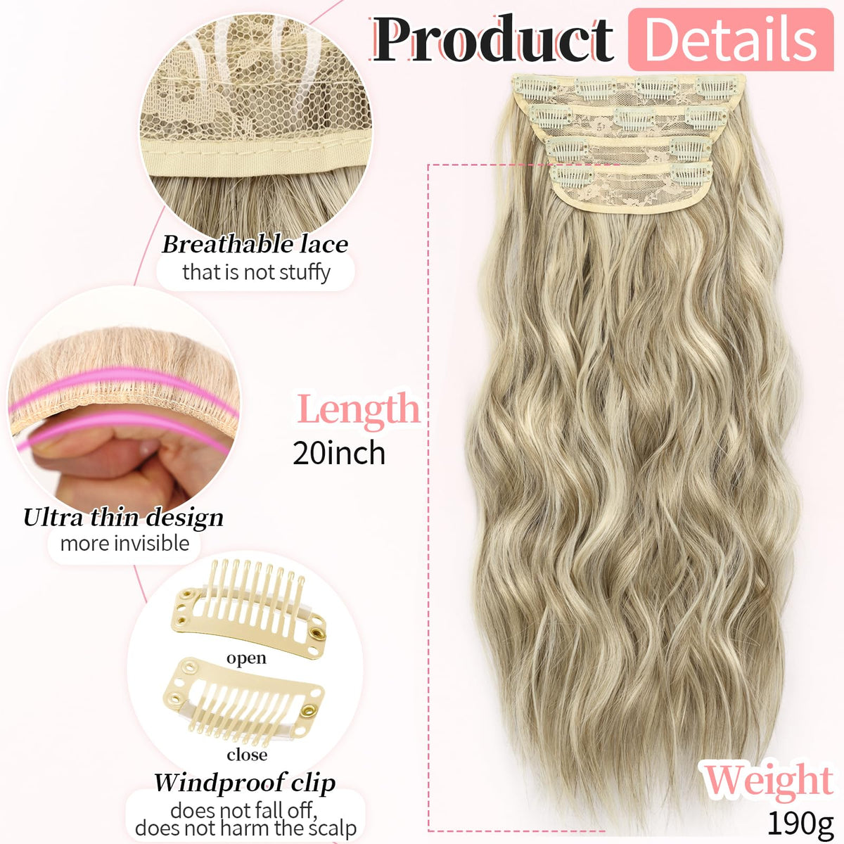 KooKaStyle Wavy Clip in Hair Extensions 20-inch Ashy Beige Blonde back view
