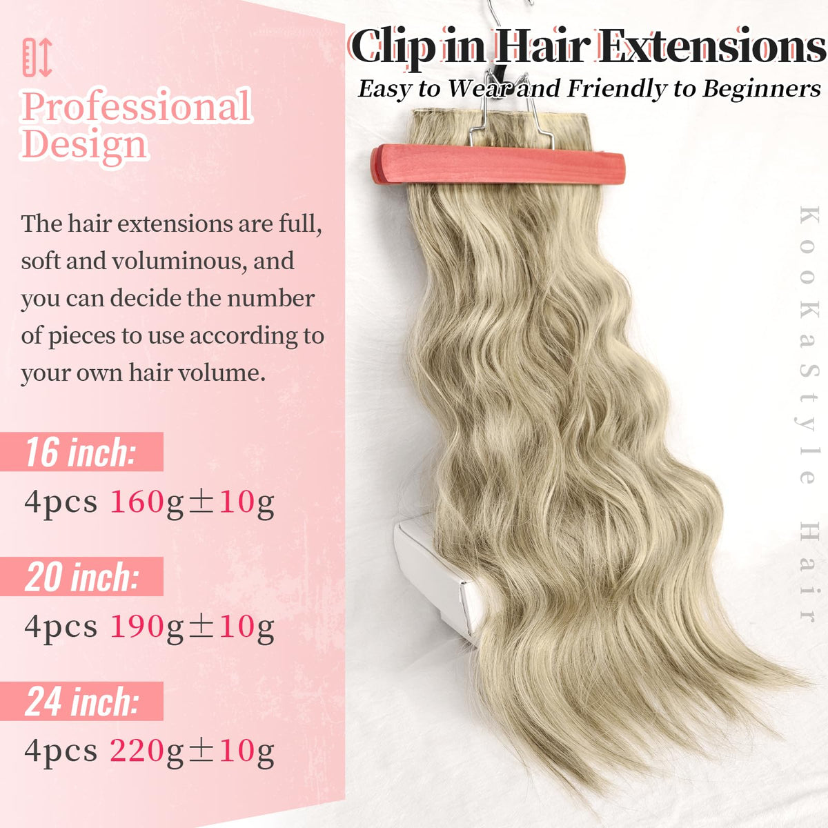 KooKaStyle Wavy Clip in Hair Extensions 20-inch Ashy Beige Blonde texture detail