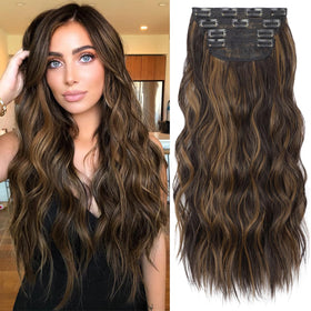 KooKaStyle Wavy Clip in Hair Extensions 20 inch Balayage Dark Brown to Chestnut front view
