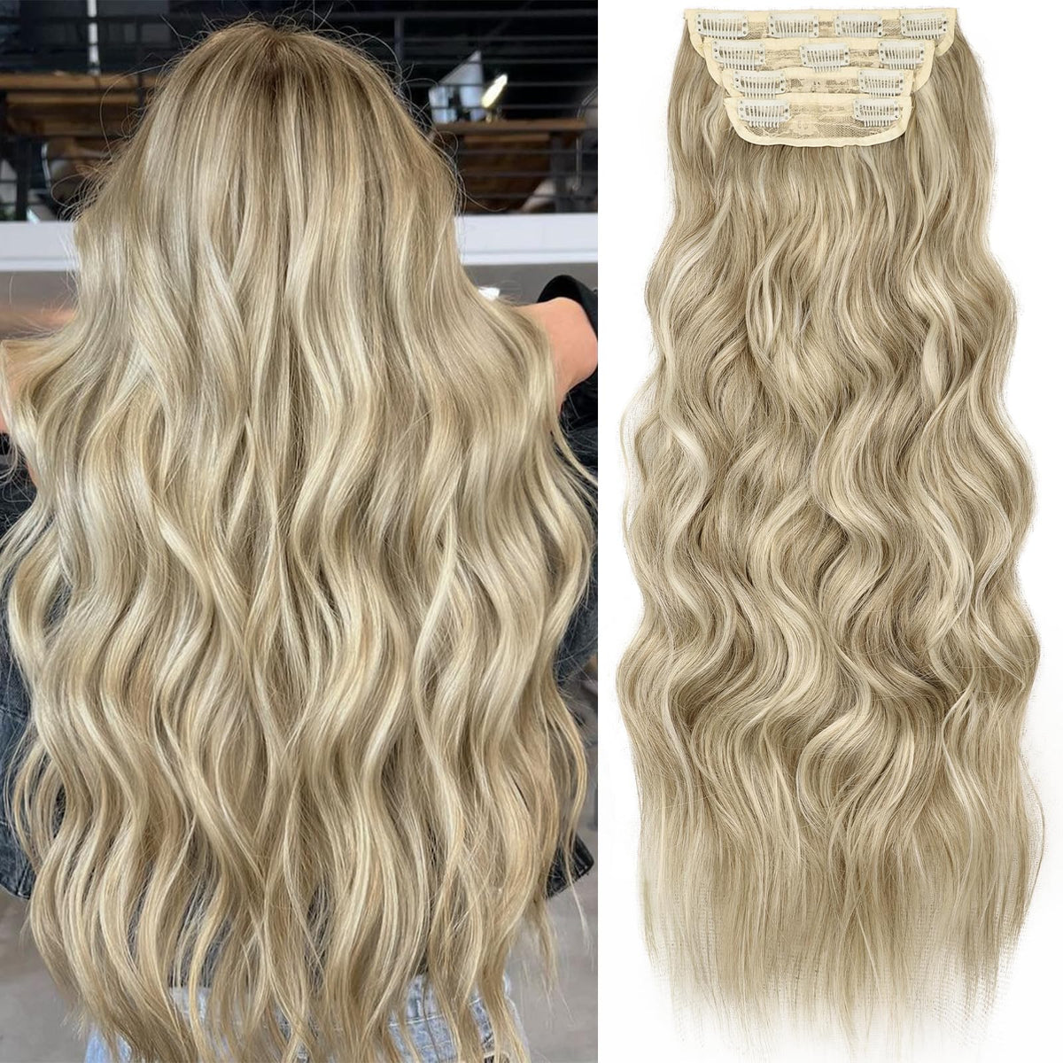 KooKaStyle Wavy Clip in Hair Extensions 24-inch Ashy Beige Blonde front view