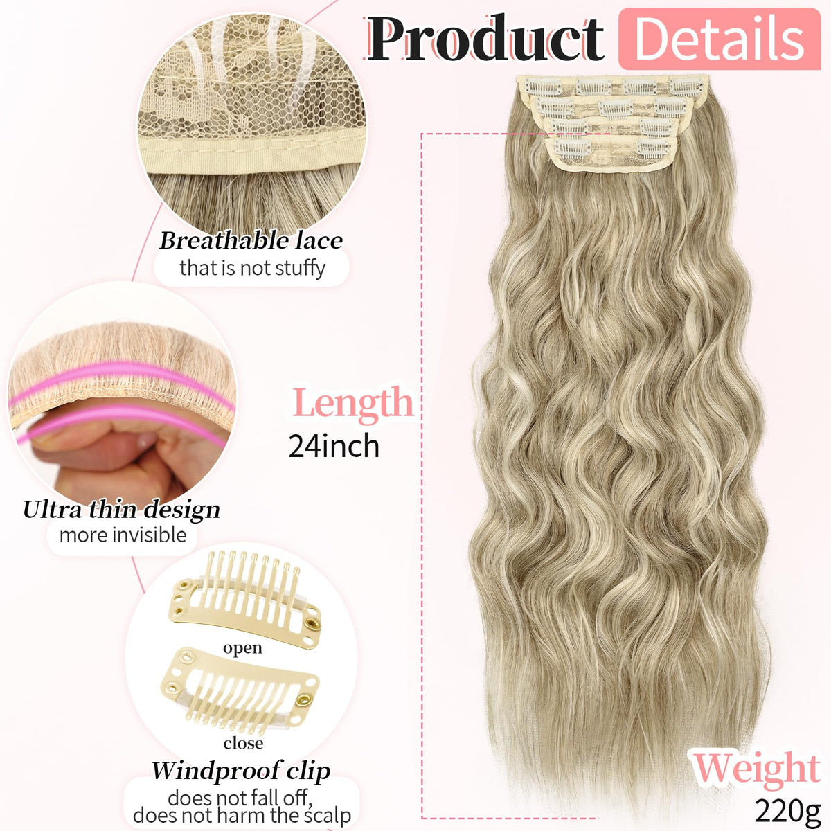KooKaStyle Wavy Clip in Hair Extensions 24-inch Ashy Beige Blonde packaging