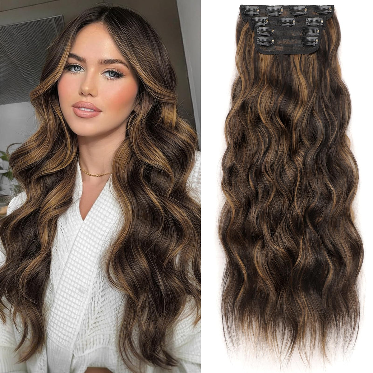 KooKaStyle Wavy Clip in Hair Extensions 24-inch Balayage Dark Brown to Chestnut front view