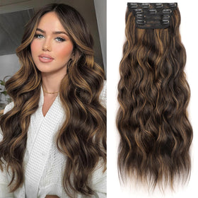 KooKaStyle Wavy Clip in Hair Extensions 24-inch Balayage Dark Brown to Chestnut front view