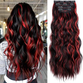 KooKaStyle Wavy Clip in Hair Extensions 24-inch black mix red highlights front view