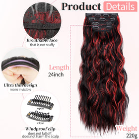 KooKaStyle Wavy Clip in Hair Extensions 24-inch black mix red highlights back view