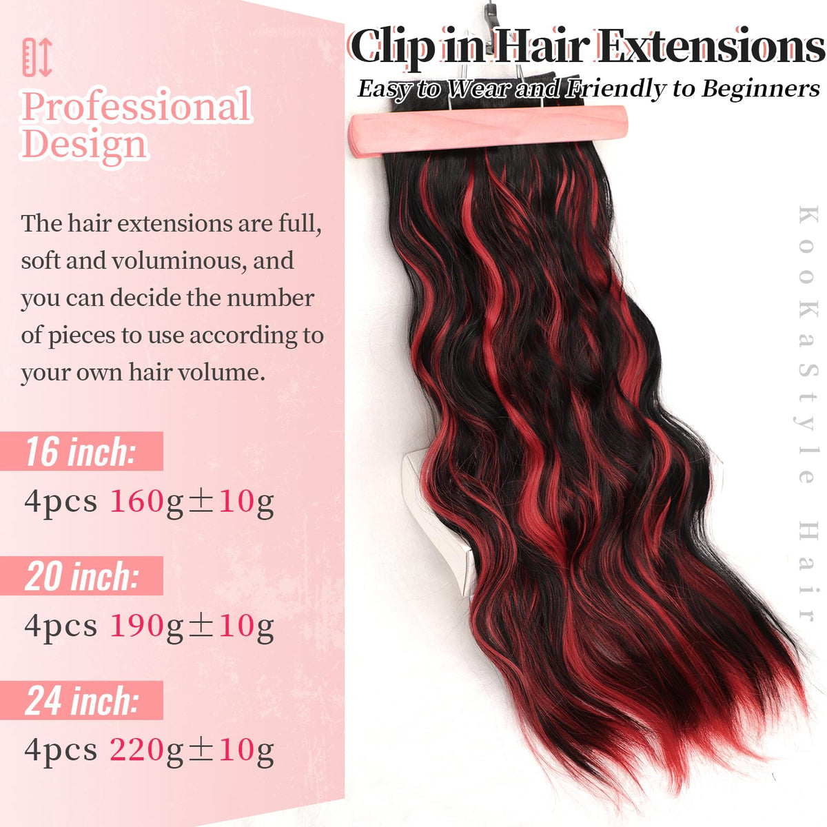 KooKaStyle Wavy Clip in Hair Extensions 24-inch black mix red highlights close-up of clips