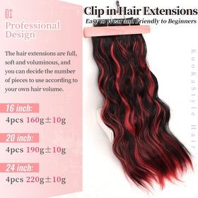 KooKaStyle Wavy Clip in Hair Extensions 24-inch black mix red highlights close-up of clips