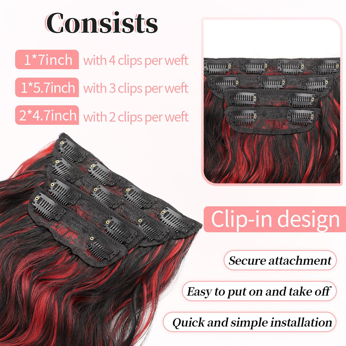 KooKaStyle Wavy Clip in Hair Extensions 24-inch black mix red highlights in packaging