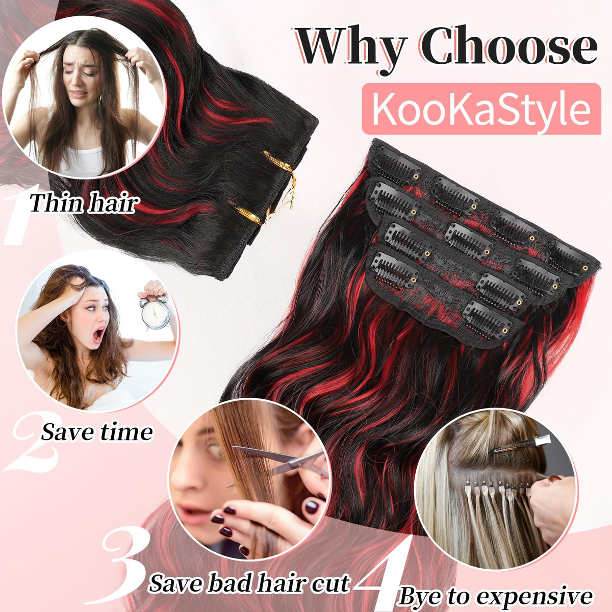 KooKaStyle Wavy Clip in Hair Extensions 24-inch black mix red highlights styled in hair
