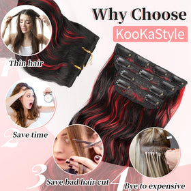 KooKaStyle Wavy Clip in Hair Extensions 24-inch black mix red highlights styled in hair