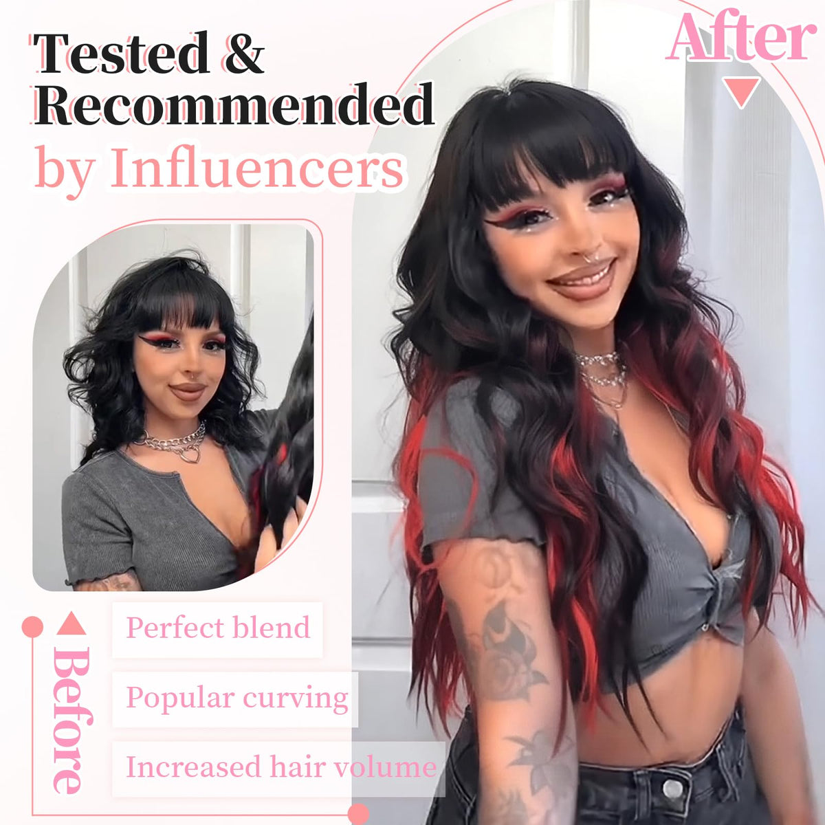 KooKaStyle Wavy Clip in Hair Extensions 24-inch black mix red highlights with care instructions