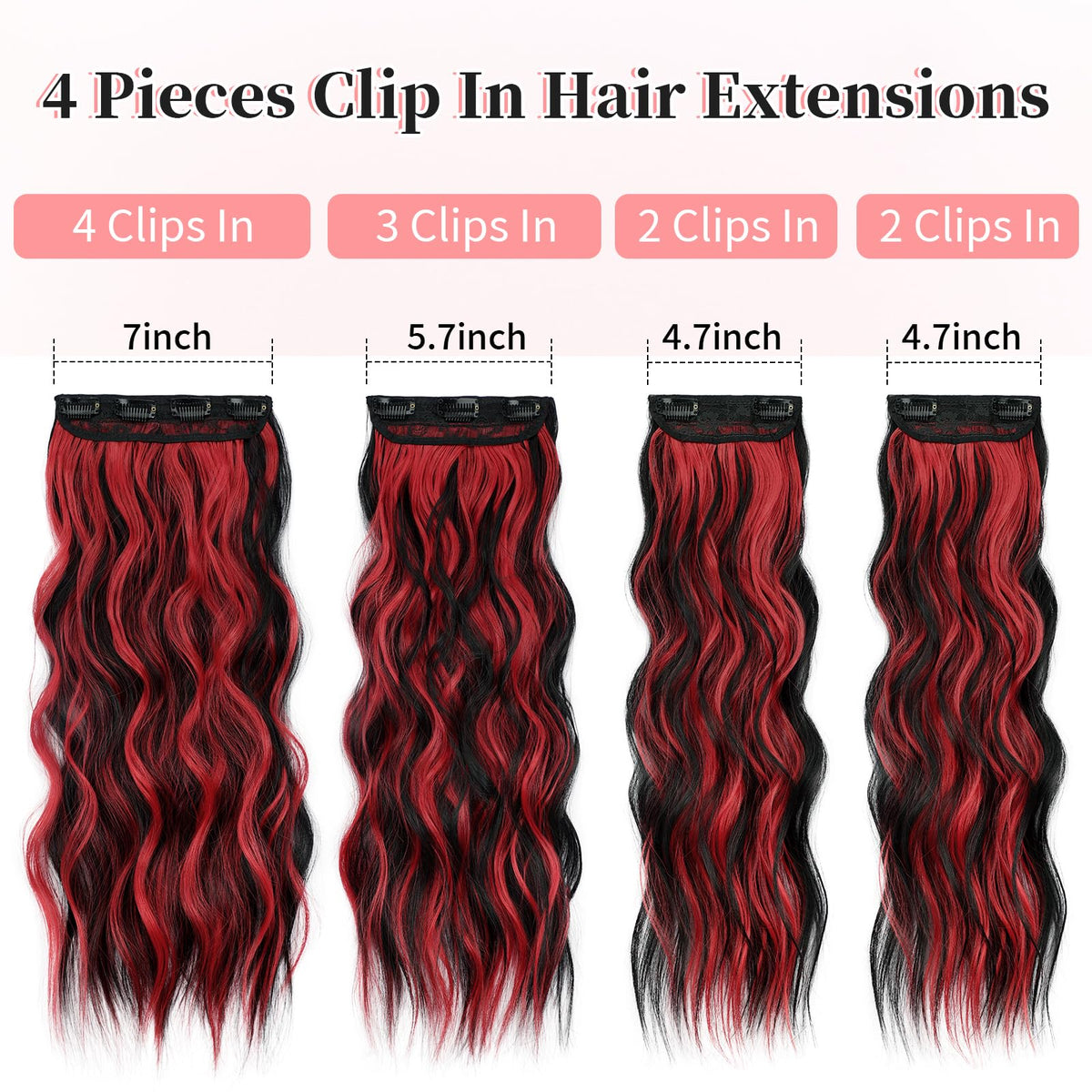 KooKaStyle Wavy Clip in Hair Extensions 24-inch black mix red highlights showing volume
