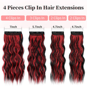 KooKaStyle Wavy Clip in Hair Extensions 24-inch black mix red highlights showing volume