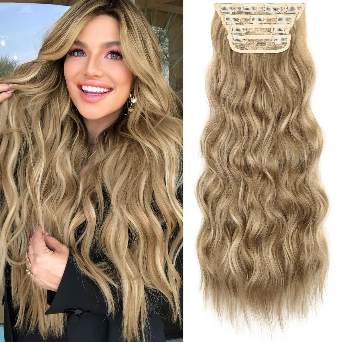 KooKaStyle Wavy Clip in Hair Extensions 24-inch light brown and golden blonde