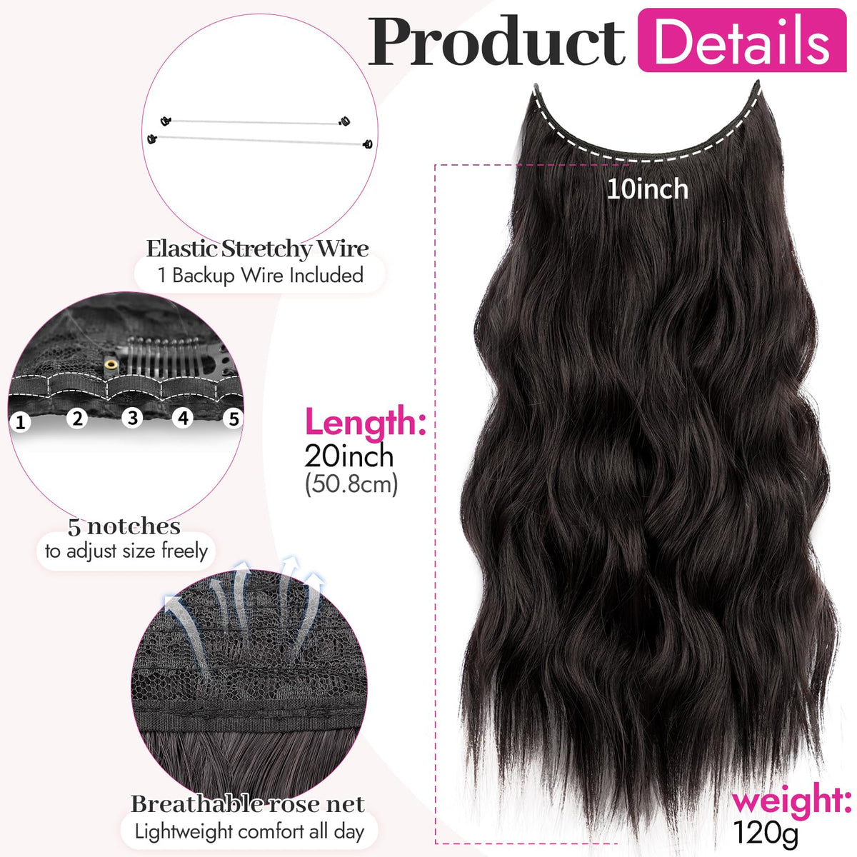KooKaStyle Wavy Hair Extensions 20" Dark Brown close-up of clips