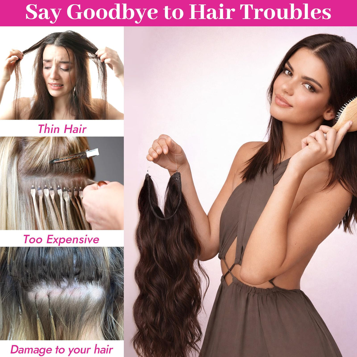KooKaStyle Wavy Hair Extensions 20" Dark Brown wire detail