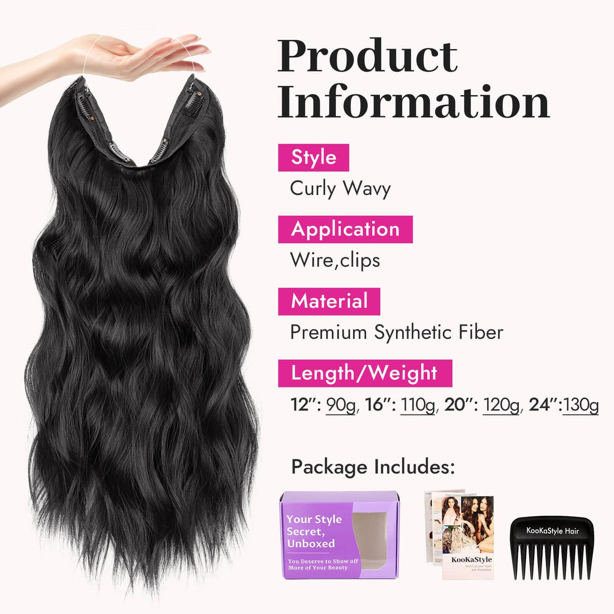 KooKaStyle Wavy Hair Extensions 20 inch Black showing clips
