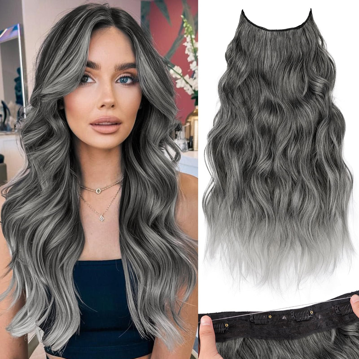 KooKaStyle Wavy Invisible Wire Clip In Hair Extensions 20 inch grey front view