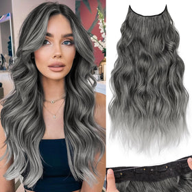 KooKaStyle Wavy Invisible Wire Clip In Hair Extensions 20 inch grey front view