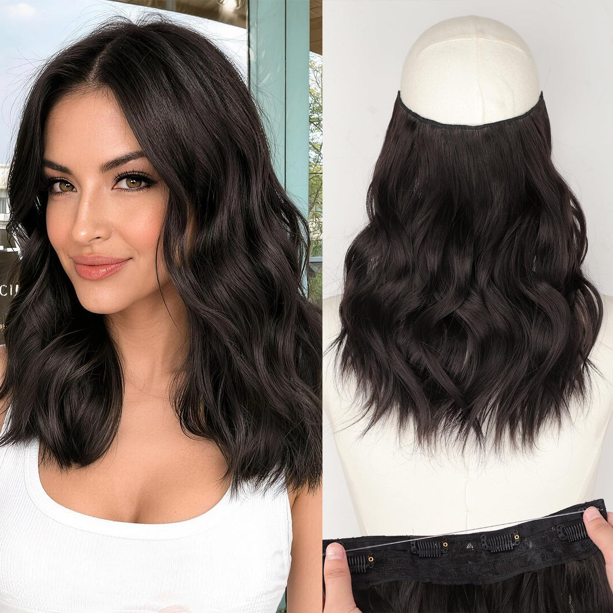 KooKaStyle Wavy Invisible Wire & Clip In Hair Extensions front view