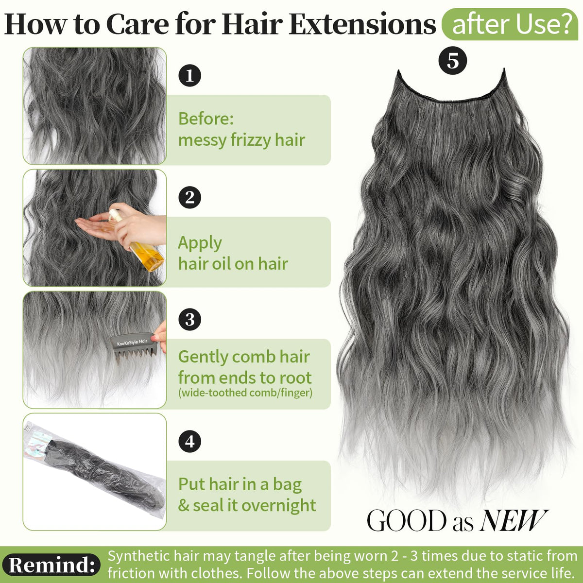 KooKaStyle Wavy Invisible Wire Clip In Hair Extensions grey colour detail
