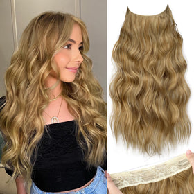 KooKaStyle Wavy Invisible Wire Clip In Hair Extensions Honey Blonde front view