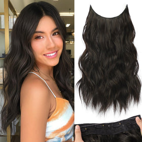 KooKaStyle Wavy Invisible Wire Hair Extensions 16-inch Natural Black front view