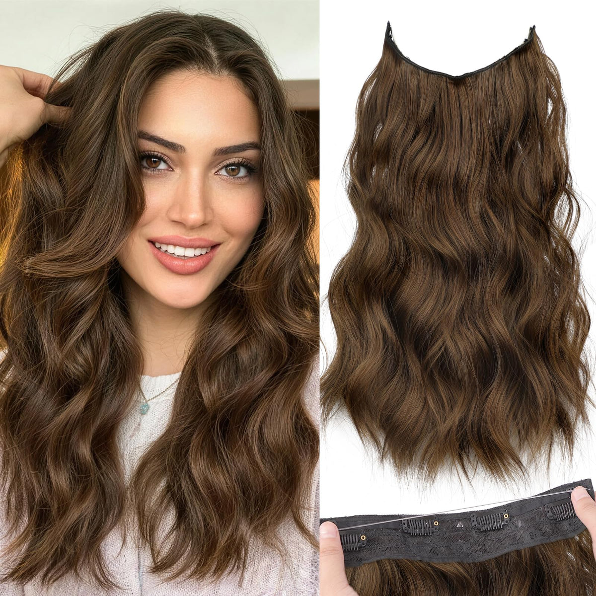 KooKaStyle Wavy Invisible Wire Hair Extensions 16 inch Rich Medium Brown front view