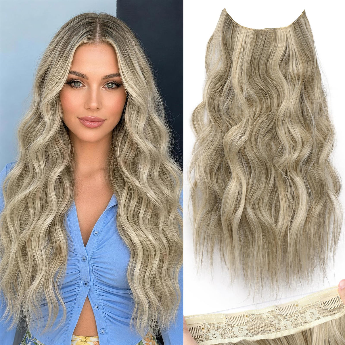 KooKaStyle Wavy Invisible Wire Hair Extensions 20 inch Ash Brown/Platinum Blonde front view