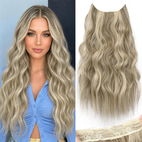 KooKaStyle Wavy Invisible Wire Hair Extensions 20 inch Ash Brown/Platinum Blonde front view