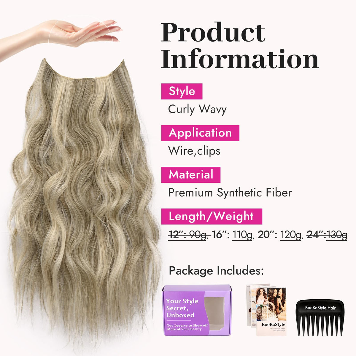 KooKaStyle Wavy Invisible Wire Hair Extensions 20 inch Ash Brown/Platinum Blonde with clips