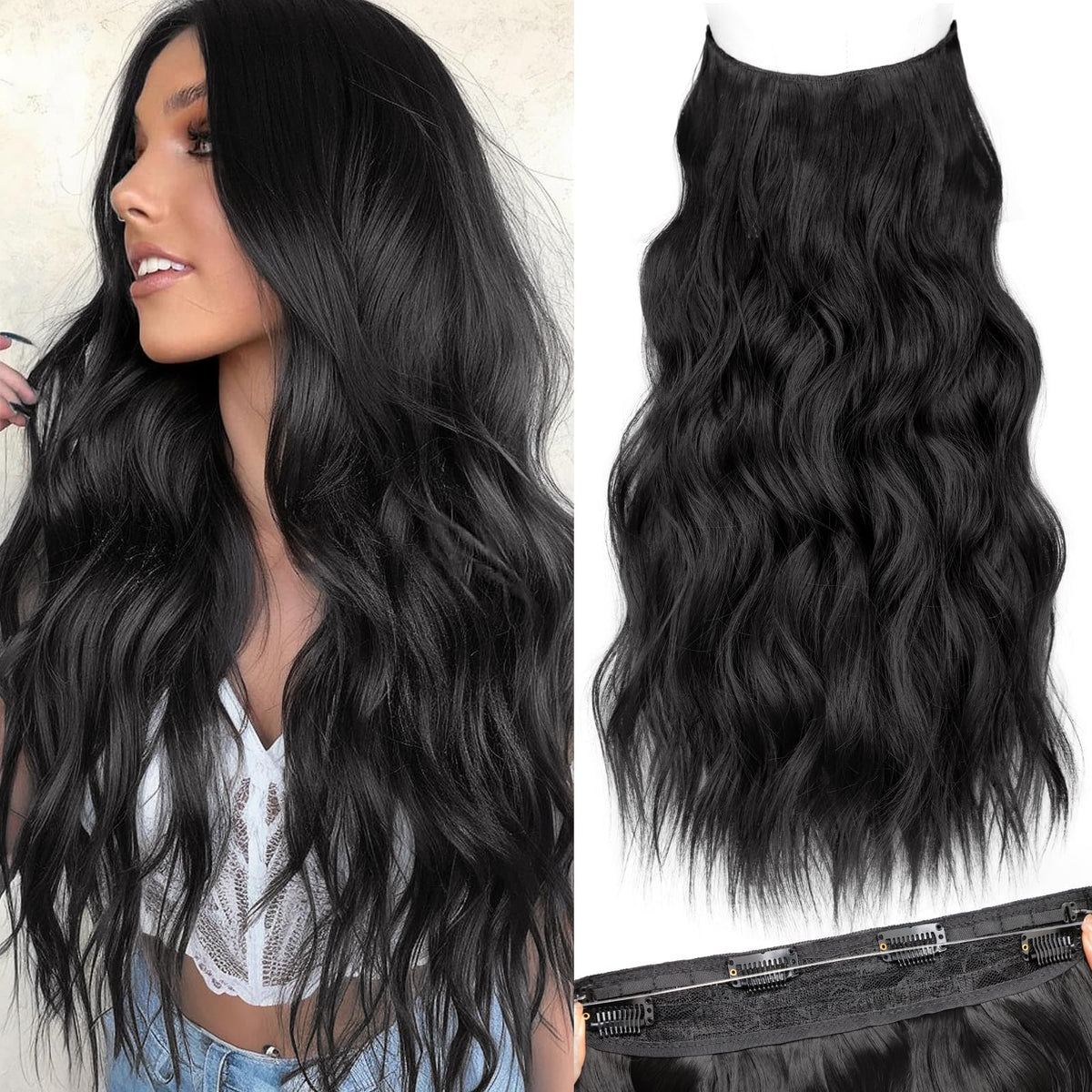 KooKaStyle Wavy Invisible Wire Hair Extensions 20 inch Black front view