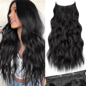 KooKaStyle Wavy Invisible Wire Hair Extensions 20 inch Black front view