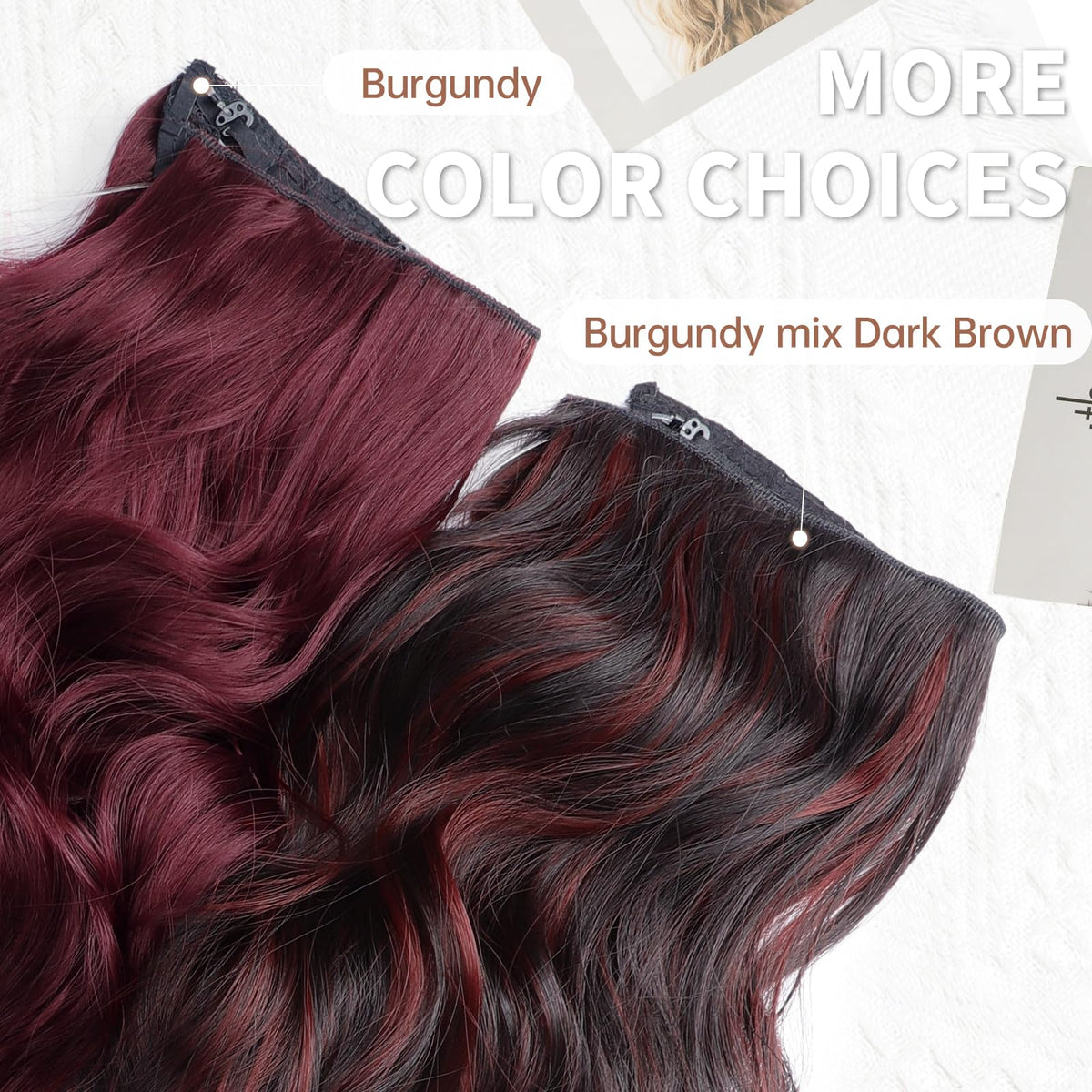 KooKaStyle Wavy Invisible Wire Hair Extensions Burgundy mix close-up of wire