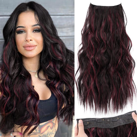 KooKaStyle Wavy Invisible Wire Hair Extensions Burgundy mix front view