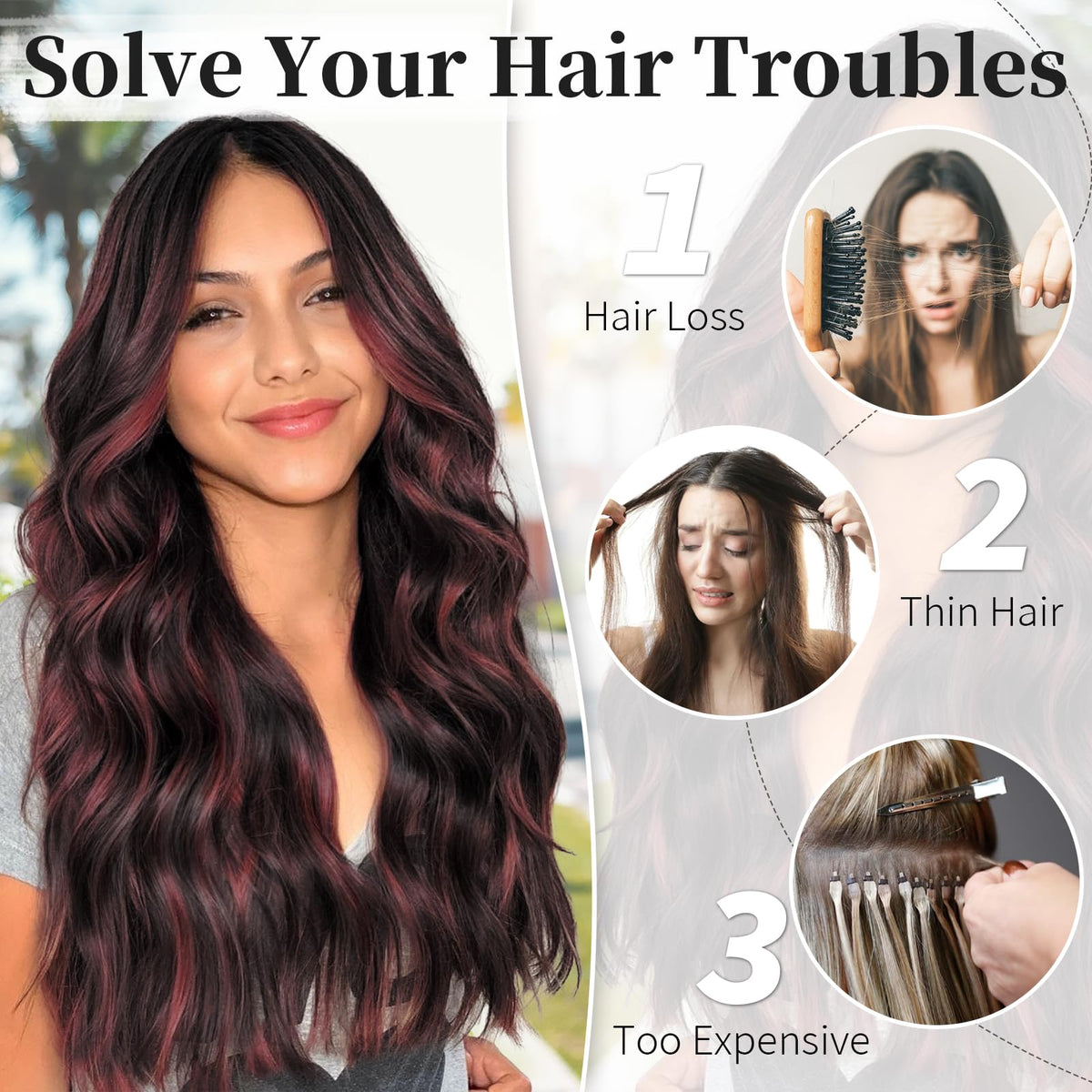 KooKaStyle Wavy Invisible Wire Hair Extensions Burgundy mix packaging
