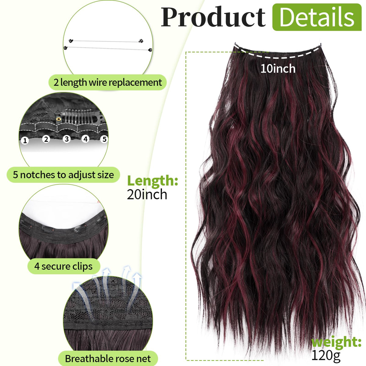 KooKaStyle Wavy Invisible Wire Hair Extensions Burgundy mix side view