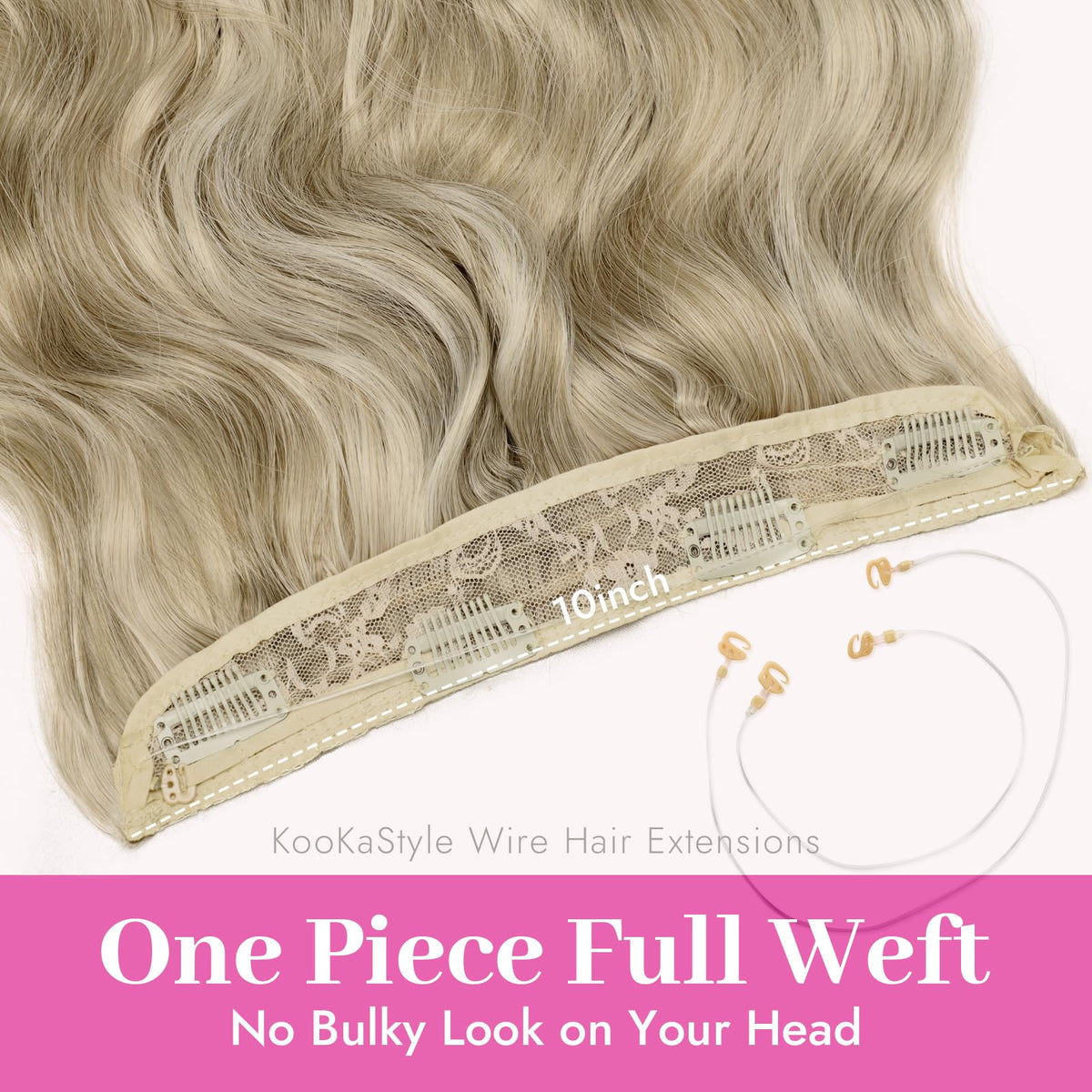 KooKaStyle Wavy Invisible Wire Hair Extensions displayed with care tips