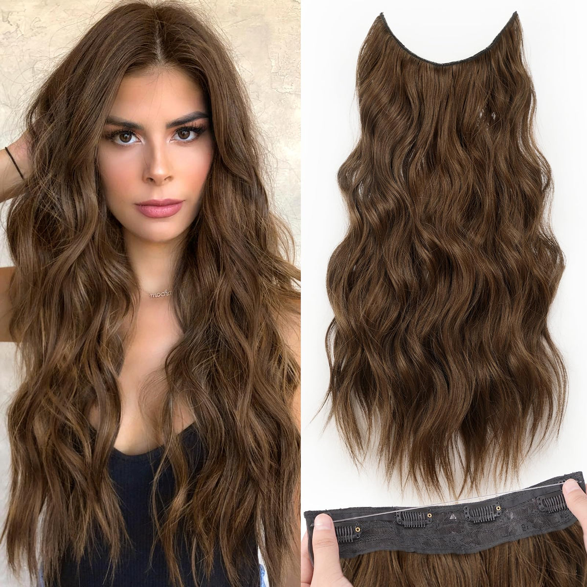KooKaStyle Wavy Invisible Wire Hair Extensions front view in rich medium brown