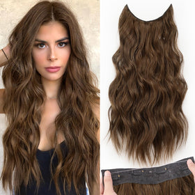 KooKaStyle Wavy Invisible Wire Hair Extensions front view in rich medium brown