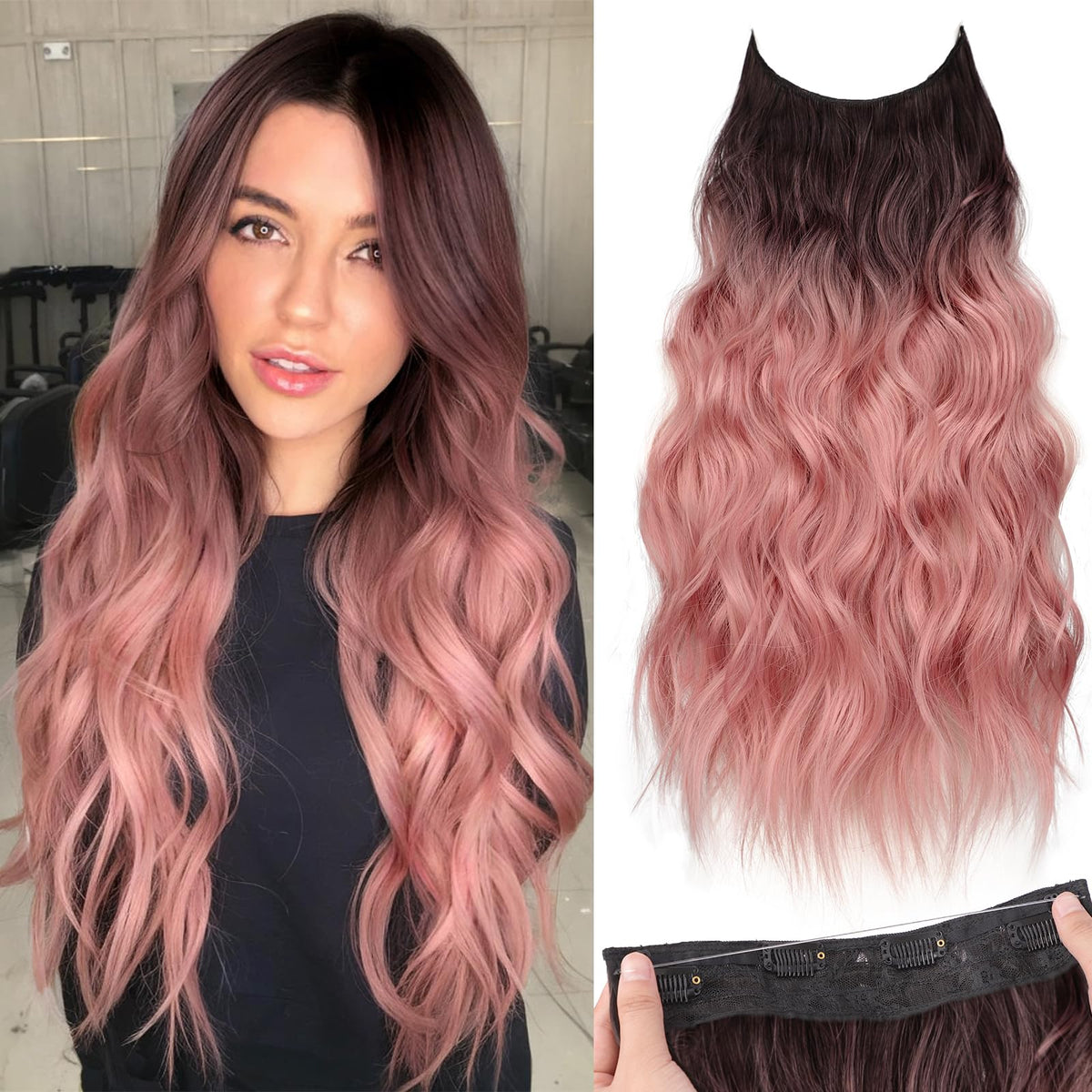 KooKaStyle Wavy Invisible Wire Hair Extensions Ombre Dusty Rose front view